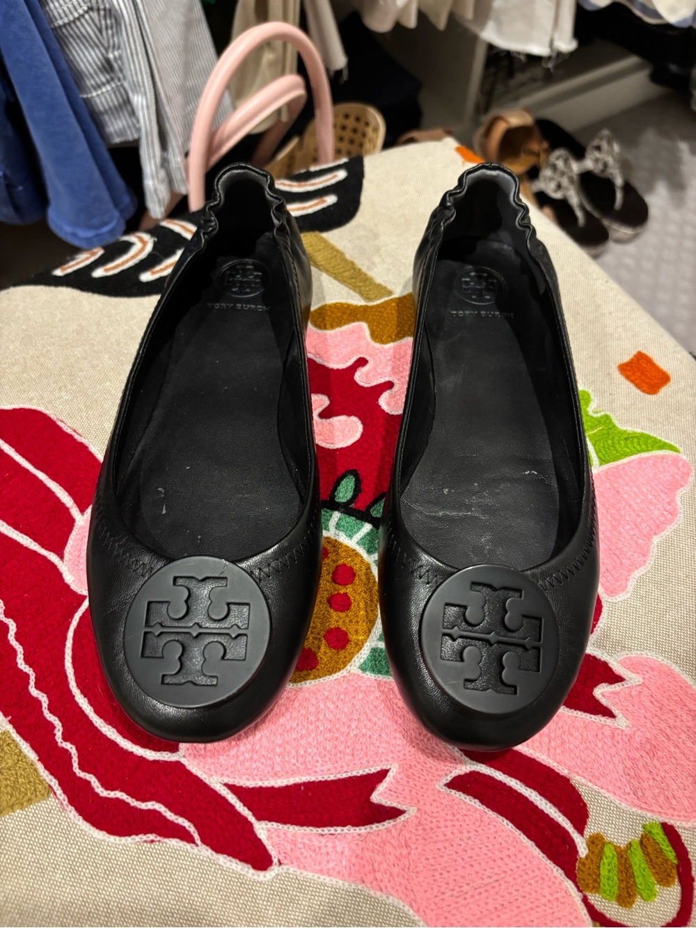 Tory Burch Black Logo Round-Toe Leather Ballet Flats